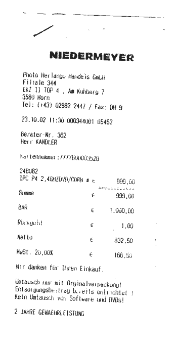 Niedermeyer Rechnung vom 23.10.2002