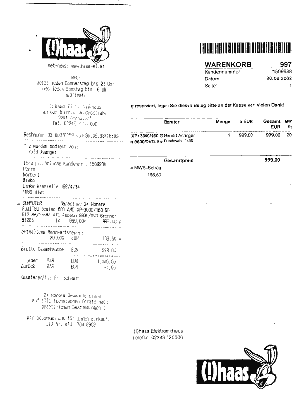 Haas Rechnung vom 29.9.